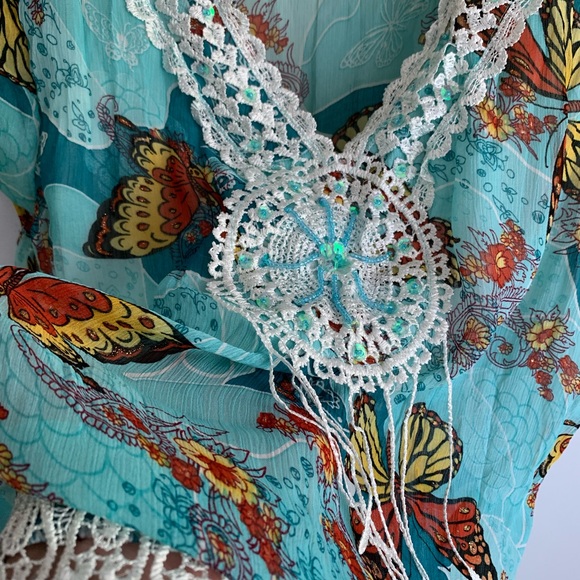 Sheer aqua blue monarch butterfly lace trim blouse - Picture 2 of 4
